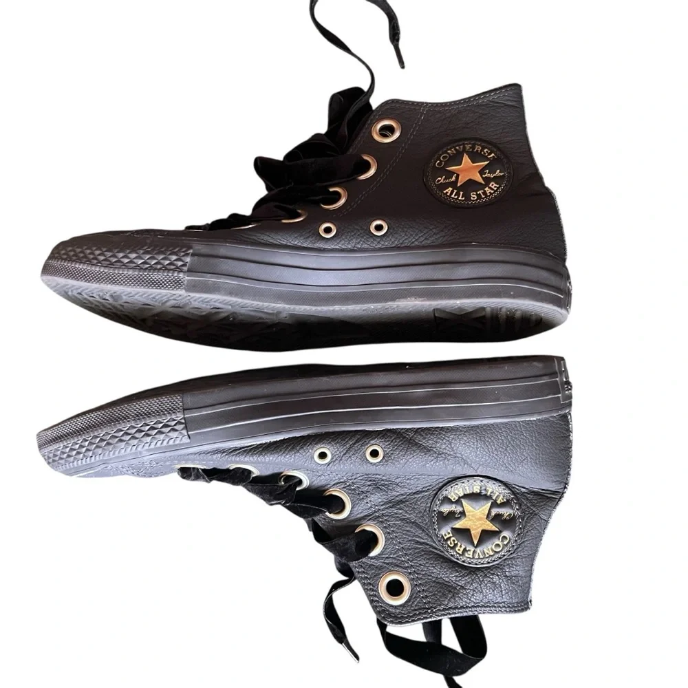 Converse Black Genuine Leather High-Top Gold Logo Sneakers Women 9 EUC - Picture 2 of 9